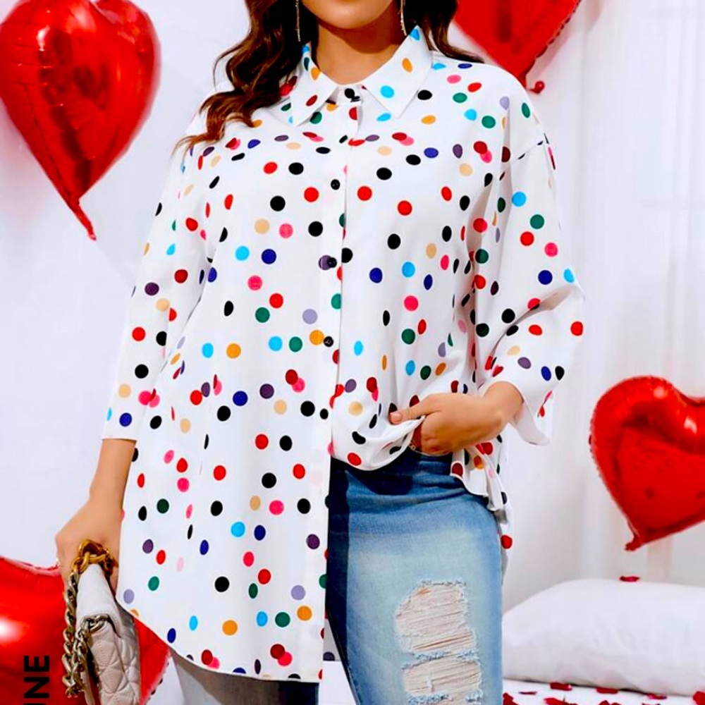 Plus Polka Dot Print Button Front Shirt